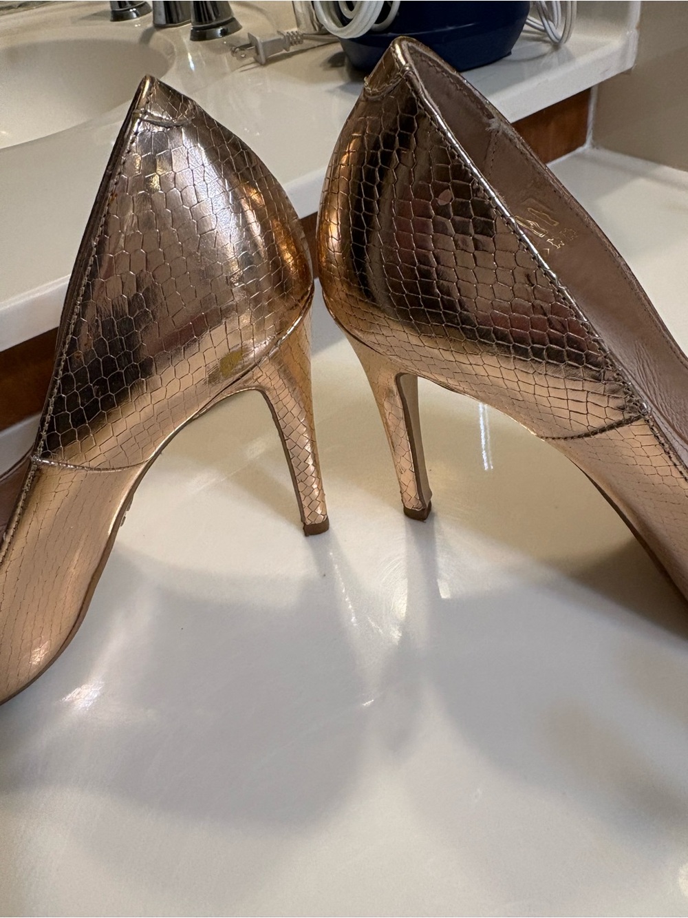 Supertrash Metallic Gold Snakeskin Pointed-Toe Pumps